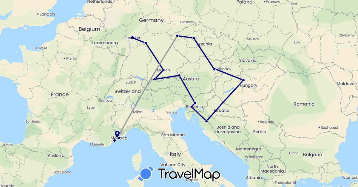TravelMap itinerary: driving, plane in Austria, Czech Republic, Germany, France, Croatia, Hungary, Monaco, Slovenia (Europe)